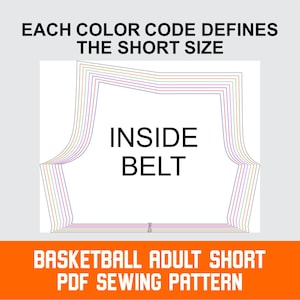 "Basketball shorts sewing pattern size chart showing color-coded inside belt template for sizes XS to 4XL, printable PDF digital download"