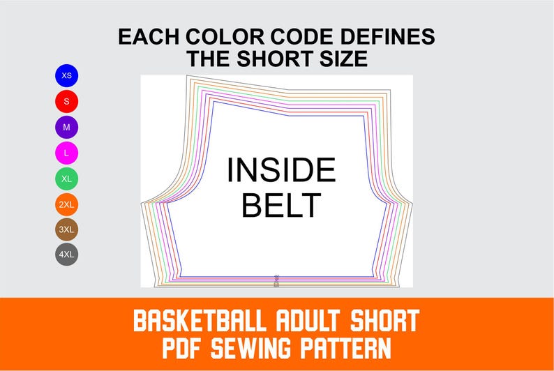 "Basketball shorts sewing pattern size chart showing color-coded inside belt template for sizes XS to 4XL, printable PDF digital download"
