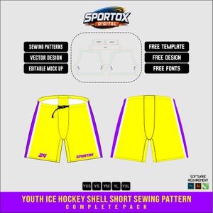 May include: A digital sewing pattern for youth ice hockey shell shorts. The design features yellow shorts with purple side stripes, the number 24, and the text Sportox. Includes a template, vector design, editable mock-up, and size options YXS to YXL.