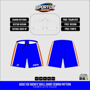 Può includere: Un cartamodello digitale per pantaloncini da hockey su ghiaccio per adulti, blu con strisce laterali arancioni e bianche. La grafica include il testo Sportox, il numero 23 e etichette per cartamodelli, design vettoriale e mockup modificabili.