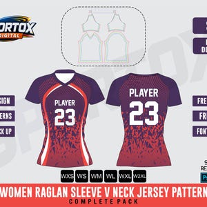 May include: A digital design for a women's raglan sleeve V-neck jersey pattern. The design features two jerseys, one front and one back, in purple and red with the word "PLAYER" and the number "23" in white. Includes vector design, sewing patterns, and editable mock-up.