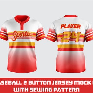 Può includere: Mockup di maglia da baseball rossa, bianca e gialla. La parte anteriore presenta la scritta "Sportor" in corsivo, mentre il retro mostra "PLAYER" e il numero "24". La maglia è di taglia adulto large.