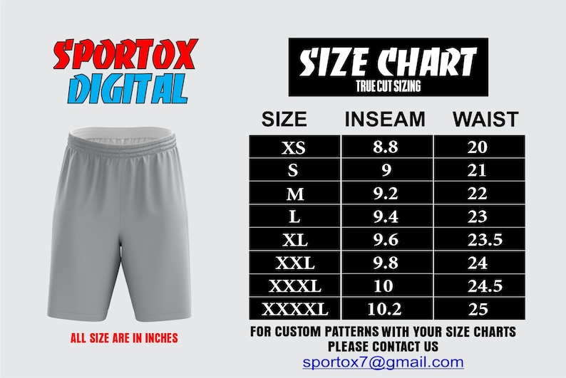 "Adult basketball shorts size chart – inseam and waist measurements from XS to 4XL in inches."