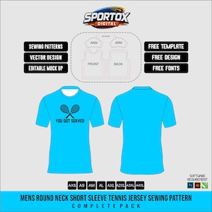 May include: A digital sewing pattern for a bright blue short-sleeve round neck jersey. The front features two crossed tennis rackets and the text YOU GOT SERVED. Includes front, back, and arm panels, size labels from AXS to A4XL, and software icons.