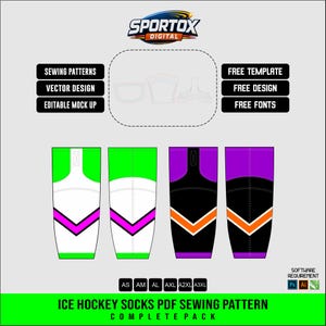 May include: An ice hockey socks PDF sewing pattern complete pack by Sportox Digital. Includes vector designs, editable mockups, free templates, and fonts. Features two color variations: lime green and white with pink, and black and purple with orange.