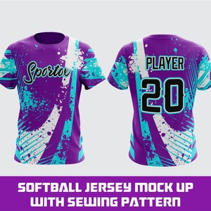 May include: Purple softball jersey mock-up with a splash design in teal and white. The front features the word "Sportoy" in black script. The back displays "PLAYER" and the number "20". The size is Adult Large.