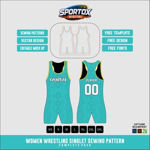 May include: A teal wrestling singlet design with black and yellow accents, featuring the Sportox logo and the word "PLAYER" with the number "00". The image includes size options from XS to 3XL and text that reads "WOMEN WRESTLING SINGLET SEWING PATTERN COMPLETE PACK".