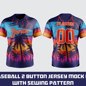 May include: Baseball jersey mock-up with a tropical sunset design. The jersey features a vibrant color scheme with palm trees and the word "Sportor". The back displays the number "00" and the word "PLAYER". Adult Large size.