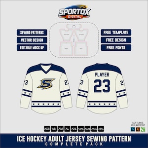 Puede incluir: Un patrón de costura para camiseta de hockey sobre hielo para adultos, con una camiseta blanca con detalles en azul oscuro, un logotipo S estilizado y el número 23. El diseño incluye vistas frontal y trasera, mangas y el texto Sportox Digital.