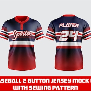 Può includere: Mockup di maglia da baseball rossa, bianca e blu navy. La parte anteriore presenta la scritta "Sportov" in corsivo. Il retro mostra "PLAYER" e il numero "24". La maglia è taglia adulto large. È presente anche il testo "BASEBALL 2 BUTTON JERSEY MOCK UP WITH SEWING PATTERN".