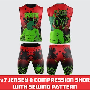 7v7 Jersey & Compression Shorts Mockup Template | Editable CDR, AI, EPS Files | Sports Uniform Design with Sewing Pattern