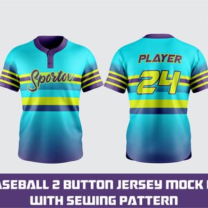 May include: A mock-up of a baseball jersey in turquoise, blue, yellow, and purple. The front features the word "Sportov" in script. The back displays "PLAYER" and the number "24". The jersey is adult large size.