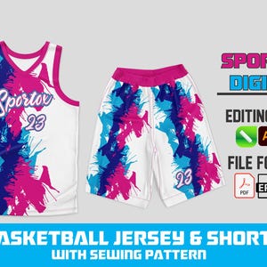 以下が含まれることがあります： ピンクとブルーのペイントの飛沫模様が施された白いバスケットボールのジャージとショーツ。ジャージには「Sporto」という文字と「23」という数字が前面に書かれている。ショーツには右足に「23」という数字が書かれている。デザインはAdobe Illustrator、Photoshop、CorelDrawで編集可能。ファイル形式はPDF、EPS、CDRです。