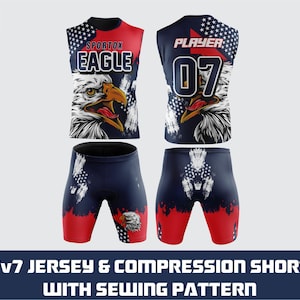 7v7 Eagle Football Jersey And Compression Shorts Mockup | Editable Uniform Design Template | CDR & PDF Sewing Pattern for Adult Large.