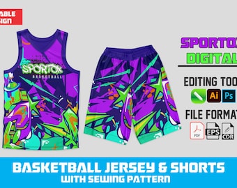 Graffiti Basketball Jersey And Shorts Template | Editable Uniform Design | CDR, EPS Sewing Pattern | Digital Download with PSD Mockup.