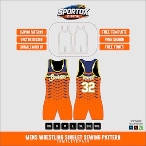 May include: Orange and blue wrestling singlet design with the text "Sportox Digital" and "Player 32". The design includes a chevron pattern and size options from XS to 3XL. The image also includes text that says "Sewing Patterns", "Vector Design", and "Editable Mock Up".