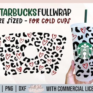 Pełne opakowanie Leopard Hearts For Cold Cup SVG, Naklejka na Cold Cup SVG, Pełne opakowanie Leopard Print Cup SVG, Opakowanie Cheetah Print SVG Cupa