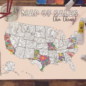 Usa Map Coloring Page Sales Tracker, Etsy Sales Map, Etsy Sales Imprimable, Cha Ching Carte