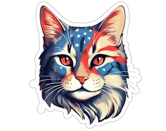 4th of July Kitty Cat Stickers, 4J1, Independence Day, patriots, red white and blue, stars and stripes, gift for cat lovers, USA, America