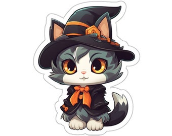 Adesivo in vinile per Halloween con gattino: costume da strega spettrale