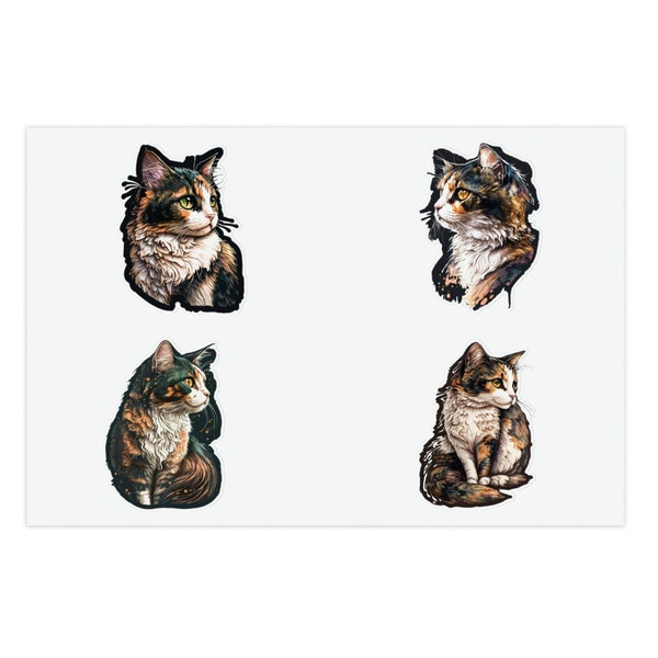 Feuilles d'autocollants Calico Pretty Kitty Cat, mignon, adorable, doux, moelleux, coloré, conception de 4 autocollants