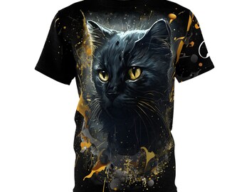 Black Cat Paint Splatter T-Shirt, cat t-shirt, paint splatter, gift for cat lovers, black and gold, casual shirt, Cat clothing, short sleeve