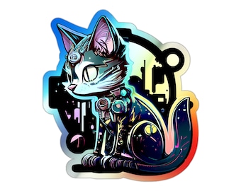 CyberPunk Kitty Cat Holo Sticker, K3, gift for cat lovers, cybernetic, metallic sticker, shiny, futuristic, Holographic Die-cut Stickers
