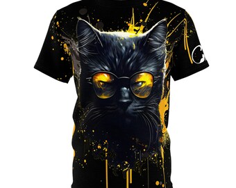 Cool Cat with Glasses T-Shirt, black cat, paint splatter, gift for cat lovers, black and yellow, casual shirt, cat clothing, short sleeve