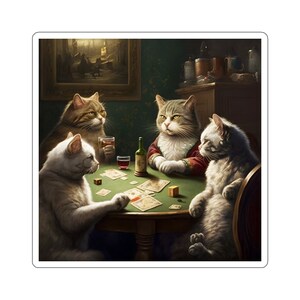 Cats Playing Poker Sticker: Funny Feline Card Game (Kiss-Cut)