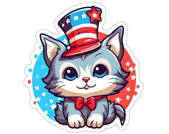 4th of July Kitty Cat Stickers, 4J3, Independence Day, patriots, red white and blue, stars and stripes, gift for cat lovers, USA, America