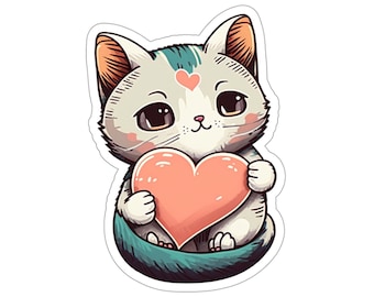 Adhesivo de gato sosteniendo un corazón, calcomanía troquelada para el Día de San Valentín