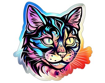 Holographic Neon Cat Stickers, N9, gift for cat lover, holo, rainbow, metallic, shiny, kitty cat, neon, colorful, neon cats, metallic shine