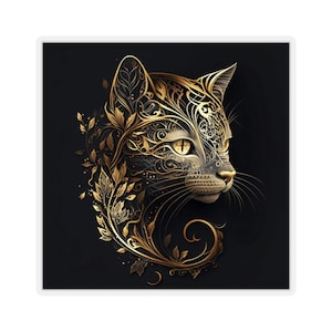 Golden Cat Filigree Sticker, F4, Cat sticker, golden sticker, black and gold, cat and flowers, Kiss-Cut Stickers