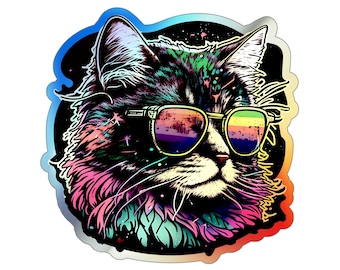 80&#39;s Holographic Cat Stickers, HQ5H, retro, metallic, shiny, gift for cat lover, pop culture, 1980s, classic, nostalgia, neon, rainbow