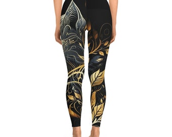 【関税＆送料込み】Gold And Black Stretch Fabric Leggings W Velvet Wrap Leggings (0403001-BLACK)