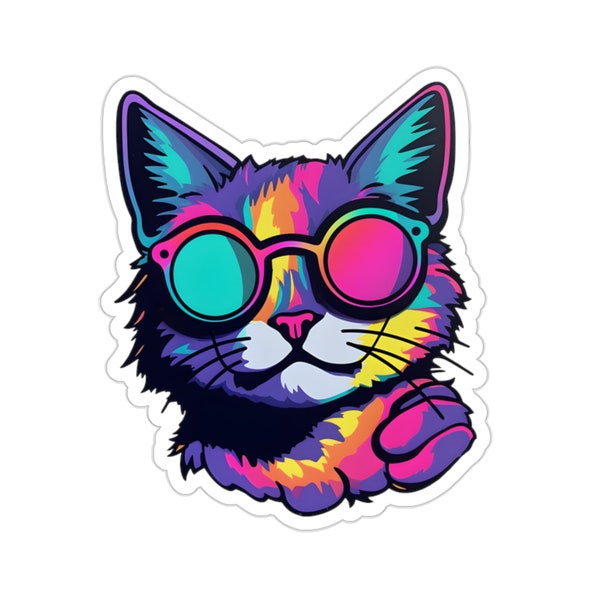 80's Cat Stickers, HQ4, retro, kitty cat, cartoon, gift for cat lover, pop culture, 1980s, classic, sunglasses, nostalgia, neon, rainbow