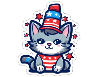 4th of July Kitty Cat Stickers, 4J4, Independence Day, patriots, red white and blue, stars and stripes, gift for cat lovers, USA, America