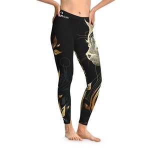 Golden Cat Stretchy Leggings, Filigree, black and gold, cat lovers, yoga pants, casual, workout leggings, gym clothes, stretchy pants