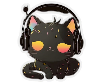 Headphone Cat Stickers, H2, gift for cat lovers, cute cats, kitty cat sticker, music lovers, adorable cat sticker, Kiss-Cut Stickers