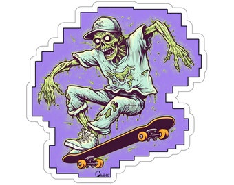 Retro Zombie Skater Stickers, ZS8, zombie stickers, nostalgia, 80s, 90s, skateboard, skater, undead, gift for horror fan, vintage, decal