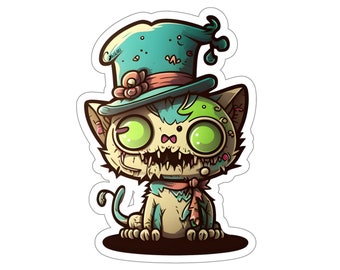 Zombie Cats with Hats Stickers, ZC2, gift for cat lovers, gift for Halloween, spooky, creepy, horror, undead sticker, kitty cat, cat in hat