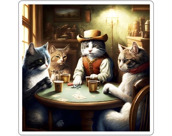 Chats jouant au poker, jeu de cartes, minou, drôle, comique, classique, western, vibrant, détaillé, mignon, autocollants à découper