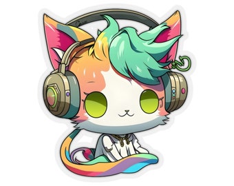 Headphone Cat Stickers, H7, gift for cat lovers, cute cats, kitty cat sticker, music lovers, adorable cat sticker, Kiss-Cut Stickers