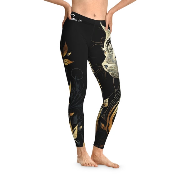 Golden Cat Stretchy Leggings, Filigree, Black and Gold, Cat Lovers