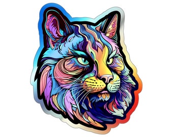 Holographic Neon Cat Stickers, N7, gift for cat lover, holo, rainbow, metallic, shiny, kitty cat, neon, colorful, neon cats, metallic shine