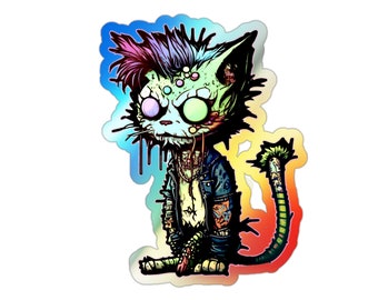 Holograficzna naklejka z zombie kotem: Straszne punkowe graffiti