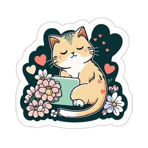 Valentines Day Kitty Cat #1, Valentines Day, Cute, Cuddly, Lovely, Love, Fun, Flowers, Heart, Kiss-Cut Stickers