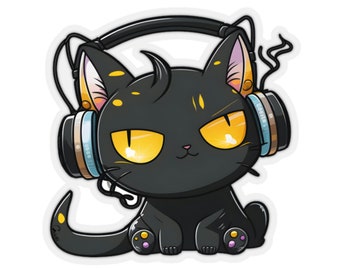 Autocollants chat casque, H1, cadeau pour les amoureux des chats, chats mignons, autocollant chat minou, mélomanes, adorable autocollant chat, autocollants Kiss-Cut