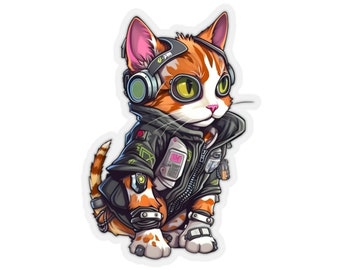Cyberpunk Kitty Cat Stickers, K6, gift for cat lovers, futuristic, cute cats, animal sticker, hi-tech, cyber cat, cyberpunk sticker, kitten