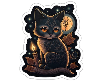 Kitty Cat Under the Moon Sticker, HQ1, gift for cat lover, cat and moon, kitty cat, adorable, kitten, gift for kids, gift for Halloween
